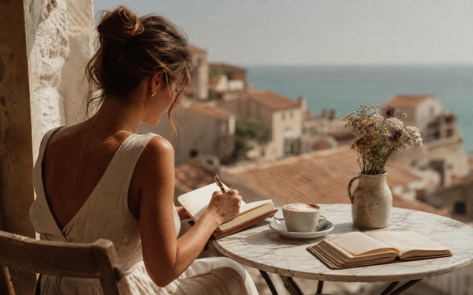 A woman writing in a leather journal at a marble cafe table beside an open window overlooking a Mediterranean coastal village at golden hour