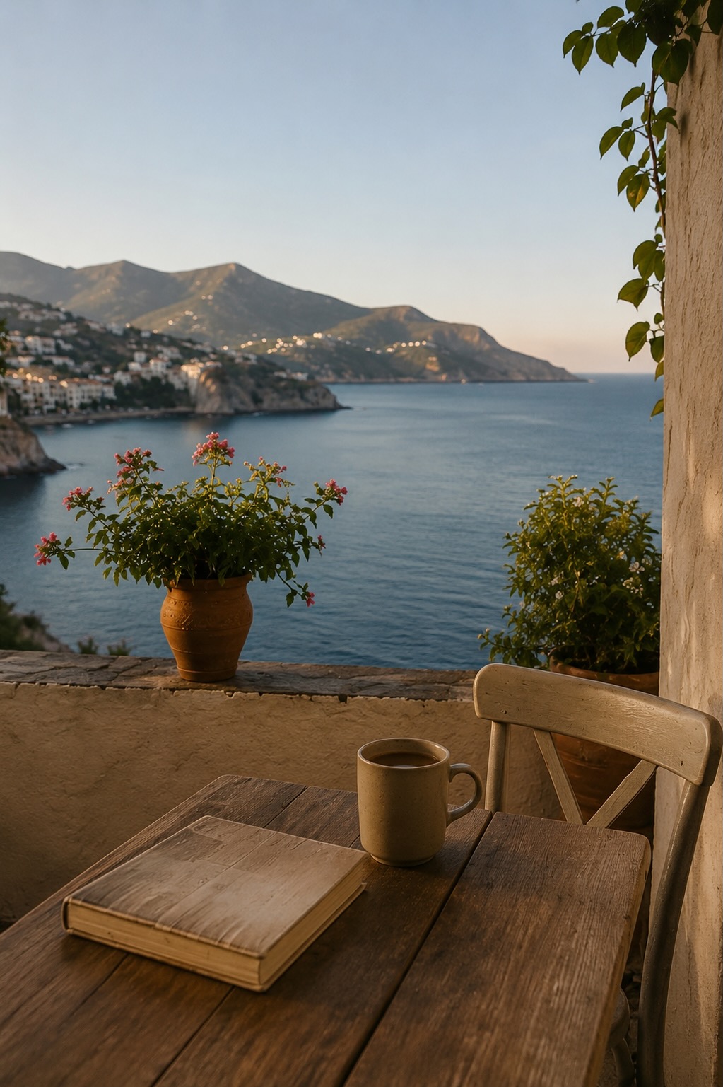 A quiet terrace overlooking a Mediterranean bay at golden hour with a mug and a book on a weathered wood table