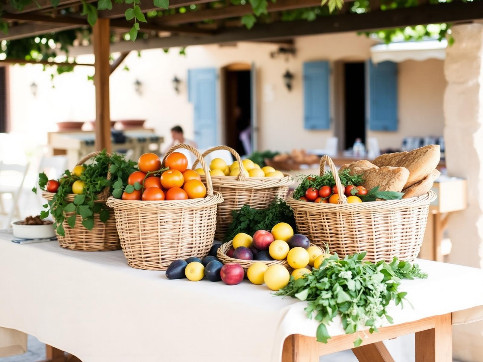 Woven baskets of tomatoes, lemons and fresh herbs on a linen covered table at an open air Mediterranean market